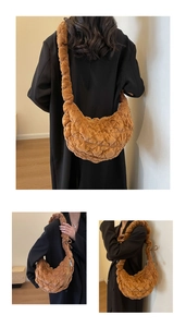 Detailed views of the large caramel plush quilted hobo bag shown on a model for drape