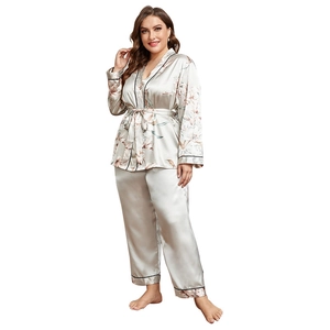 Silver satin pajamas set for women with floral print tie-front top and loose pants