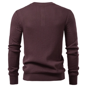 Detail view of the back of a burgundy long-sleeved ribbed knit shirt for men