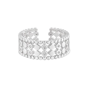 Elegant S925 silver open ring featuring a hollow honeycomb design with white zircon stones