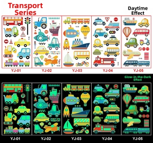 Luminous vehicle tattoos for kids showing day colors and green night glow effects