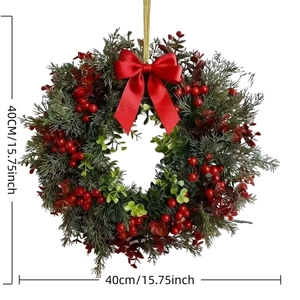 Artificial Christmas Wreath With Large Bow Red Berries Pine Cones Balls For Front Door Holiday Home Wall Decor