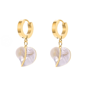 Elegant gold titanium steel bead chain earrings with white shell heart-shaped leaf pendants
