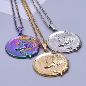 Wolf head pendant necklaces in gold, silver, and rainbow finishes for DIY jewelry