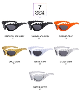 Collage of Y2K hedgehog-style wing sunglasses in seven trendy color options for outdoors