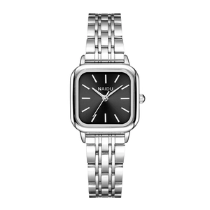 Detail view of square black sunray dial with silver steel strap on a women's watch