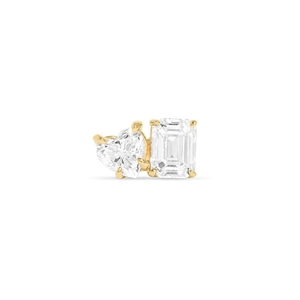 Golden heart and emerald cut zircon cartilage stud earrings on a white background