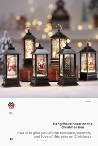 Detail of Christmas lantern with Santa and Snowman figures in a warm glowing display