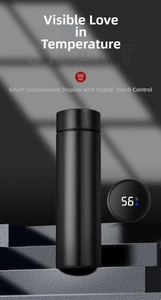 Close-up of smart vacuum flask lid showing LED digital temperature display and matte black finish