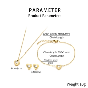 Paramètres de taille détaillés du coffret bijoux cœur plaqué or 18k avec collier et boucles