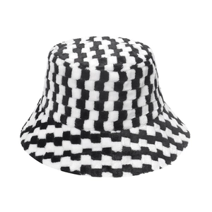 Classic black and white checkered fuzzy bucket hat for autumn and winter casual wear