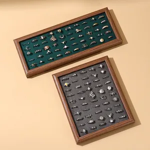 Wood Jewelry Ring Display Tray Organizer Velvet Multiple Slots Stud Earrings Storage Box Countertop Showcase Case