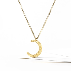 Minimalist gold moon pendant necklace for women with hammered texture on O-chain