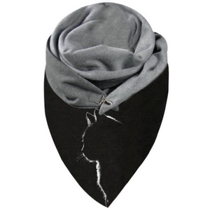 Detail showing soft black and grey fabric with white cat silhouette prints on the scarf