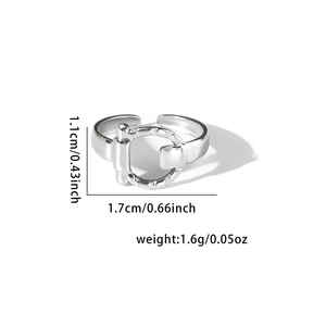 Detail view of silver horseshoe buckle open ring with size and weight measurements
