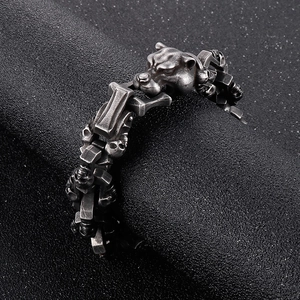 Vintage punk leopard and skull head stainless steel chunky chain bracelet for men