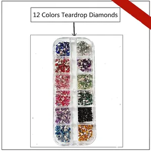 Macro view of 12 colors teardrop rhinestones organized in a transparent plastic box