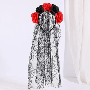 Gothic Halloween headband with red roses and black spider web lace veil decoration