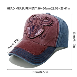 Detailed sizing chart for retro distressed baseball cap with bull skull embroidery