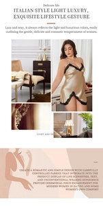 Détail de la chemise de nuit en soie champagne avec dentelle noire et décolleté en V