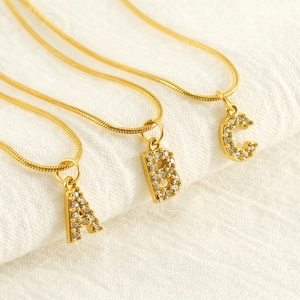 Fashion 18K Gold Plated Stainless Steel Initial Letter Pendant Necklace Rhinestone Inlaid Snake Chain Jewelry For Women