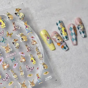 Autocollants ongles lapin en relief avec motifs floraux vintage sur ongles
