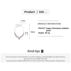 Detailed spec sheet showing 58cm pearl necklace and rhinestone flower earrings set