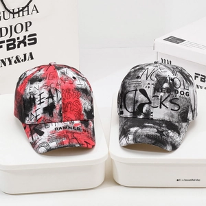 Unisex graffiti print baseball cap with street style art lettering on a display stand
