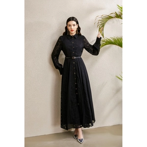 Lace拼接 long sleeve black dress with lapel collar and waist belt for an elegant formal look