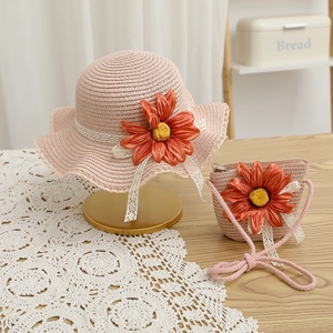 Set cappello di paglia rosa per bambina e borsa con margherita arancione e pizzo bianco