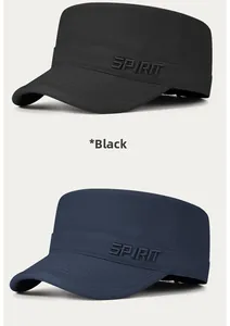 Detail of SPIRIT embroidery on cotton flat top army hats in black and navy blue