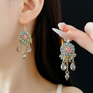 Bohemian Flower Dangle Earrings With Silver Earring Post Crystal Zircon Water Drop Tassel Vintage Palace Style Women
