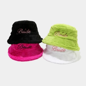 Bride Embroidered Faux Fur Bucket Hat Bachelorette Party Winter Warm Plush Basin Hat Short Brim Fashion Wedding Accessories
