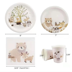 Forest animals party tableware set with bear and deer patterns for birthday decorations