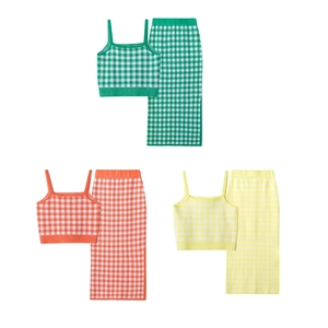 Knit Plaid Camisole Crop Top And Midi Pencil Skirt Women Clothing Summer Vacation Sweet Style Gingham Pattern