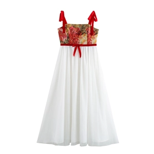 Abito Lungo Da Donna In Jacquard Floreale E Patchwork Di Rete Con Spalline A Fiocco In Velluto Stile Corte Retrò