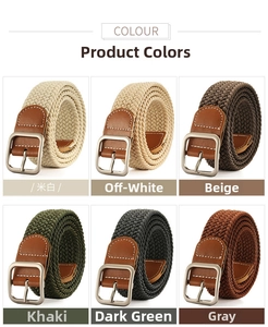 Grid view of woven elastic belts in six neutral colors with matte metal buckles