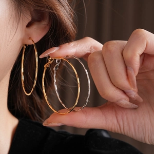 Boucles D'oreilles Créoles Grandes Texture Martelée Cuivre Avec Tige En Argent Chic Minimaliste Géométrique Rond Mode Pour Femmes