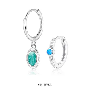 925 Sterling Silver Earrings Asymmetric Enamel Turquoise Texture Stone Synthetic Opal Zircon Light Luxury For Women
