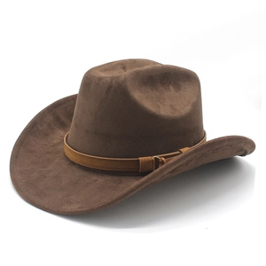 Chapeau de cowboy western marron foncé en suédine avec fine bande en cuir et boucle en métal