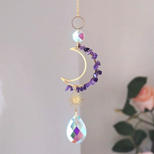 Golden moon and sun crystal suncatcher with purple stones and rainbow prism pendant