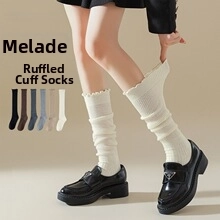 Detail of cream white knit crew socks with ruffled cuffs and textured flower pattern