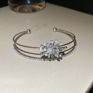 Detailed close-up of double-layer silver bangle with cubic zirconia firework and pearl