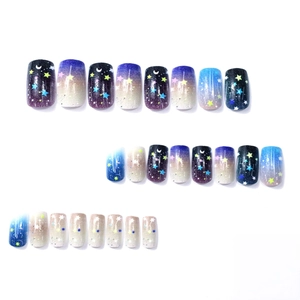 Starry sky press-on nails set with purple gradient, moon stars and glitter patterns