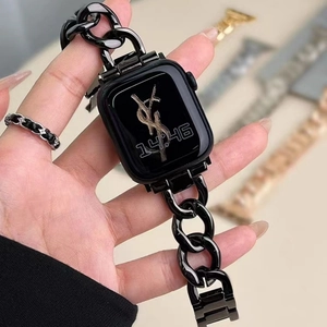 Elegant black metal chain Apple Watch strap with luxury woven leather design