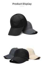Detail view of quick-dry mesh baseball caps showing breathable laser-cut holes and textures