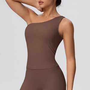 Detail of dark brown one-shoulder sports bra in high-elasticity brushed fabric