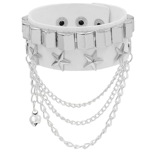 Detail of white PU leather punk bracelet with silver studs, chains and heart pendant