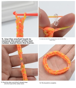 Detail showing step-by-step DIY rainbow loom bracelet assembly with hook and S-clips