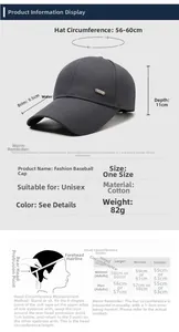 Tableau des tailles pour casquette en coton avec mesures de visière et circonférence